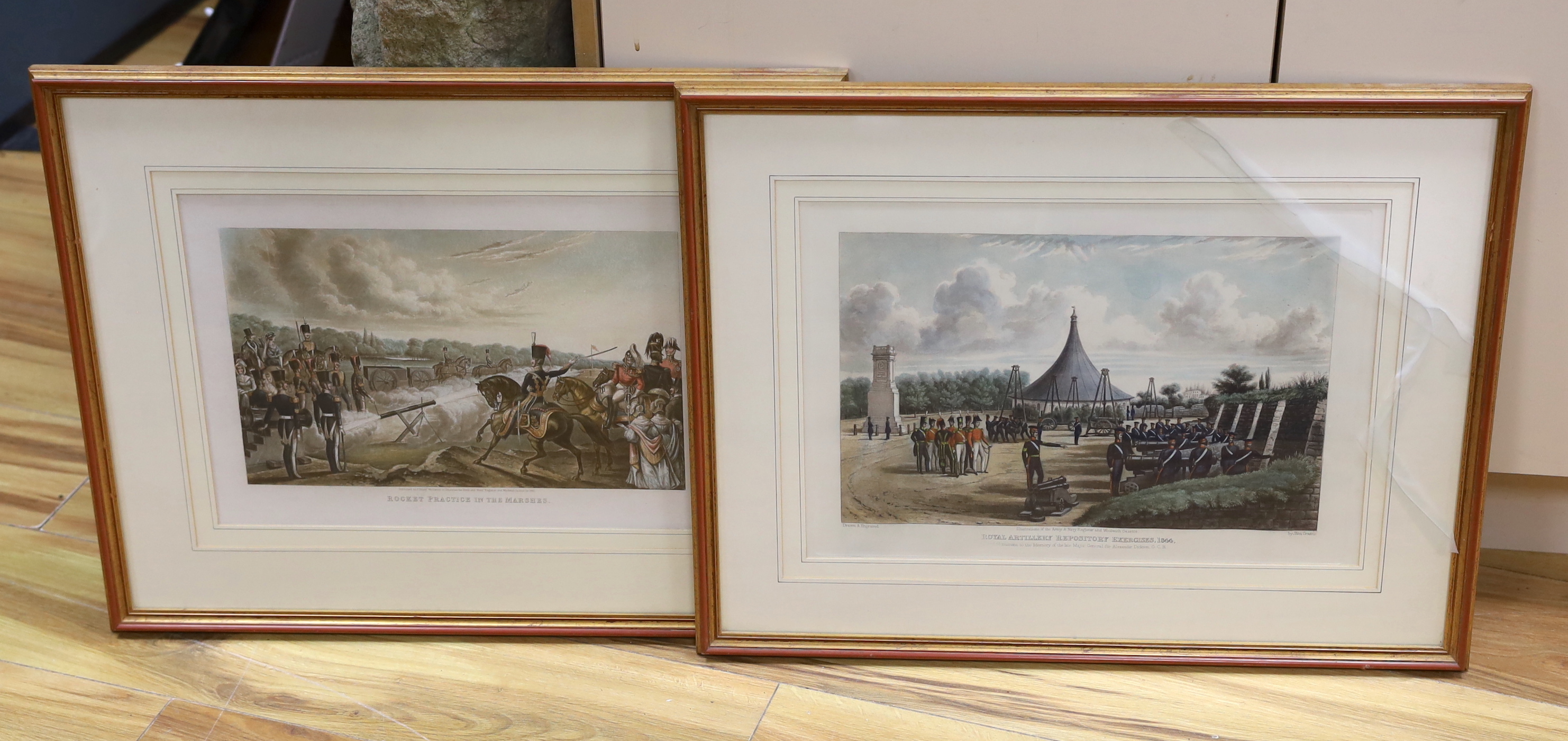 Two 19th century military colour engravings, comprising Rocket practice in the marshes, published by J. Grant, Woolwich, 1845 and Royal Artillery Repository Exercises, 1844, largest 31 x 43cm